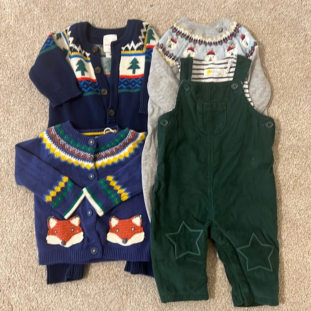 Bundle of Baby Boden Rompers, corduroy overalls and cardigan